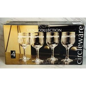 Circleware Bastille Collection Gold Rim Optic Bowl Water Goblets 4 Glasses OB